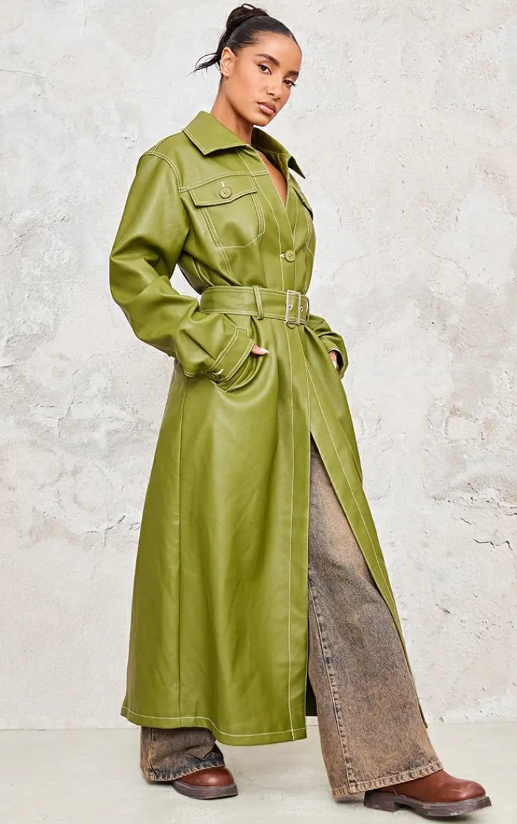 PrettyLittleThing Trench Coats*Faux Leather Contrast Stitch Split Hem Trench Coat