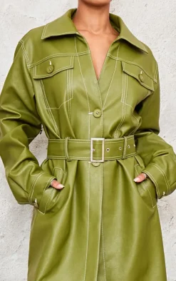 PrettyLittleThing Trench Coats*Faux Leather Contrast Stitch Split Hem Trench Coat