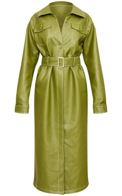 PrettyLittleThing Trench Coats*Faux Leather Contrast Stitch Split Hem Trench Coat