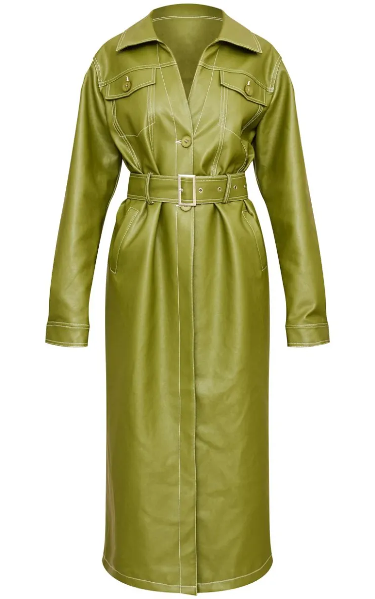 PrettyLittleThing Trench Coats*Faux Leather Contrast Stitch Split Hem Trench Coat