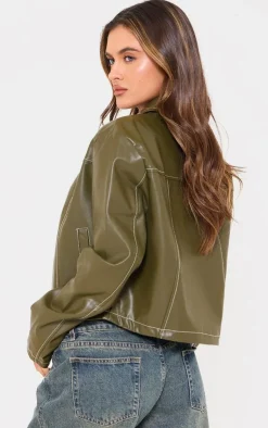 PrettyLittleThing Faux Leather Jackets*Faux Leather Contrast Stitch Jacket