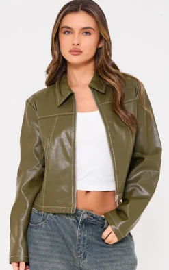 PrettyLittleThing Faux Leather Jackets*Faux Leather Contrast Stitch Jacket