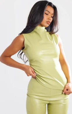 Clearance PrettyLittleThing Faux Leather High Neck Asymmetric Hem Side Ruched Top Olive