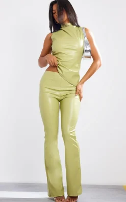Clearance PrettyLittleThing Faux Leather High Neck Asymmetric Hem Side Ruched Top Olive