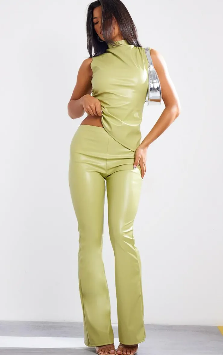 Clearance PrettyLittleThing Faux Leather High Neck Asymmetric Hem Side Ruched Top Olive