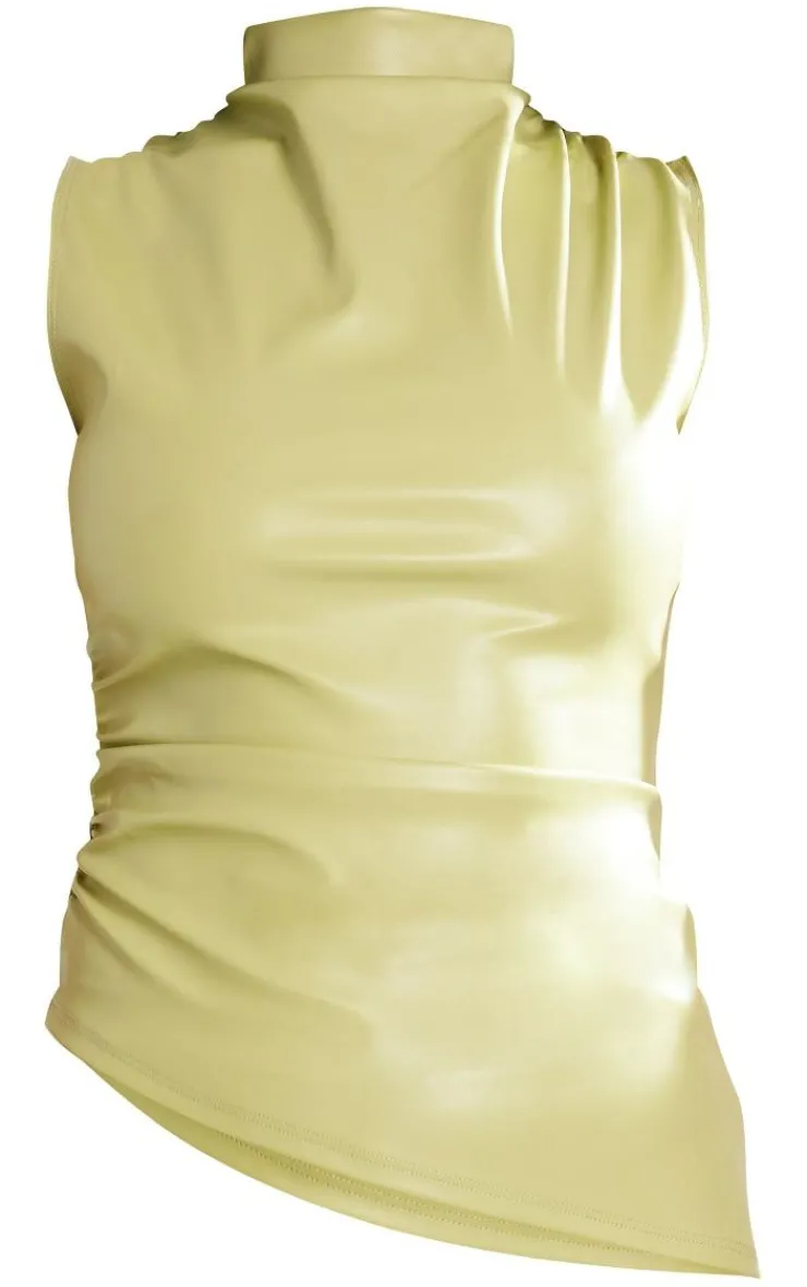 Clearance PrettyLittleThing Faux Leather High Neck Asymmetric Hem Side Ruched Top Olive