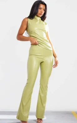 Clearance PrettyLittleThing Faux Leather High Waisted Flared Pants Olive