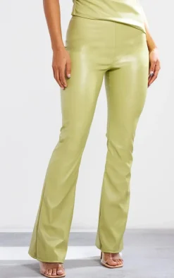Clearance PrettyLittleThing Faux Leather High Waisted Flared Pants Olive