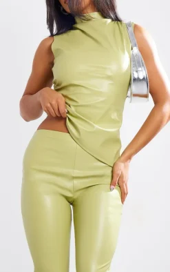 Clearance PrettyLittleThing Faux Leather High Waisted Flared Pants Olive