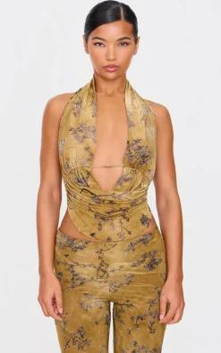 Best PrettyLittleThing Floral Print Devore Halterneck Top Olive