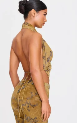 Best PrettyLittleThing Floral Print Devore Halterneck Top Olive