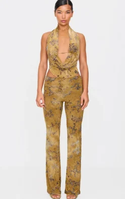 Best PrettyLittleThing Floral Print Devore Halterneck Top Olive