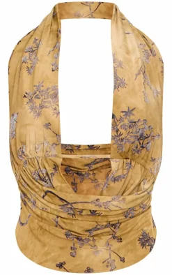 Best PrettyLittleThing Floral Print Devore Halterneck Top Olive