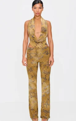 Outlet PrettyLittleThing Floral Print Devore Slim Flare Pants Olive