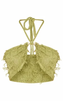 Clearance PrettyLittleThing Fringe Knit Trim Detail Halterneck Crop Top Olive