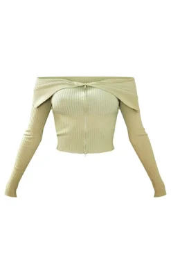 PrettyLittleThing Knitted Tops*Two Tone Rib Foldover Zip Jacket