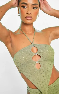 PrettyLittleThing Knitted Tops*Knit Pointelle Cut Out Diamante Scarf Top
