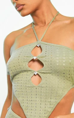 PrettyLittleThing Knitted Tops*Knit Pointelle Cut Out Diamante Scarf Top