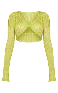 Clearance PrettyLittleThing Ladder Knit Long Sleeve Crop Top Olive
