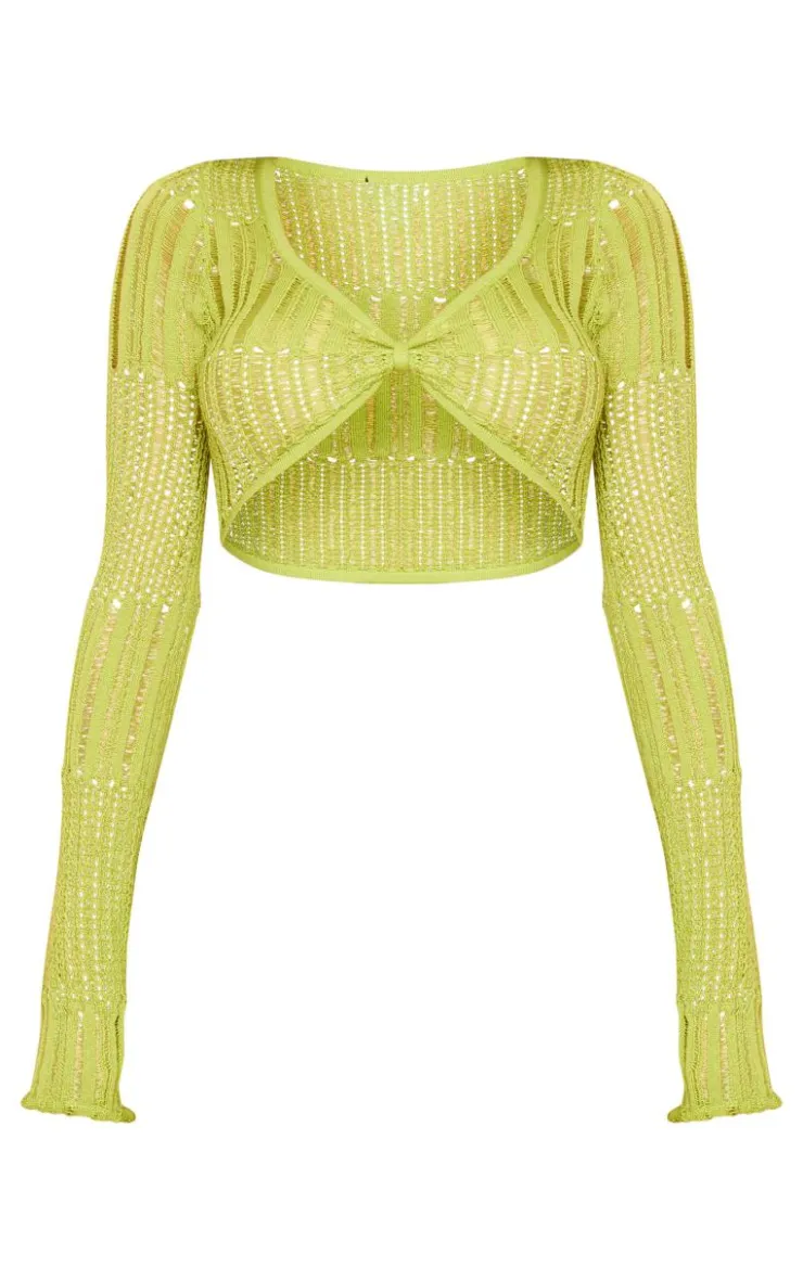 Clearance PrettyLittleThing Ladder Knit Long Sleeve Crop Top Olive