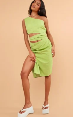 Linen Look One Shoulder Cut Out Midi Dress-PrettyLittleThing Sale