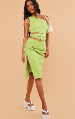 Linen Look One Shoulder Cut Out Midi Dress-PrettyLittleThing Sale
