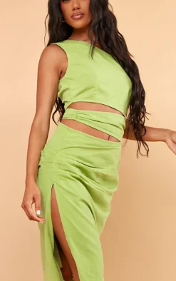 Linen Look One Shoulder Cut Out Midi Dress-PrettyLittleThing Sale