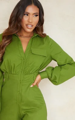 Olive Linen Look Shirt Romper