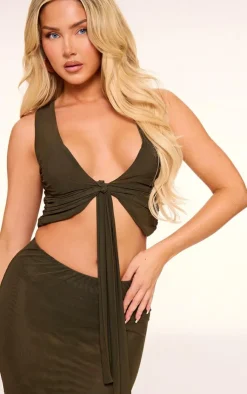 Sale PrettyLittleThing Mesh Plunge Ruched Long Top Olive