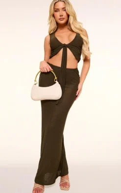 Sale PrettyLittleThing Mesh Plunge Ruched Long Top Olive