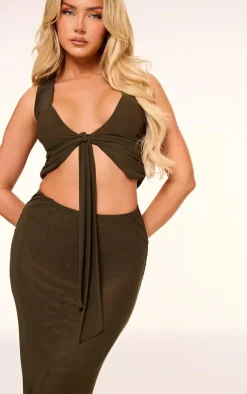 Sale PrettyLittleThing Mesh Plunge Ruched Long Top Olive