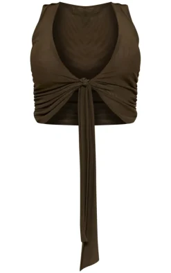 Sale PrettyLittleThing Mesh Plunge Ruched Long Top Olive