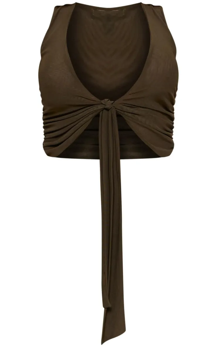 Sale PrettyLittleThing Mesh Plunge Ruched Long Top Olive