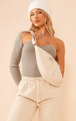 PrettyLittleThing Knitted Tops*One Sleeve Asymmetric Rib Knitted Bodysuit