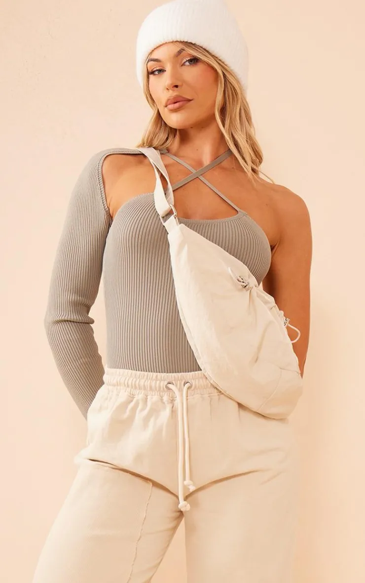 PrettyLittleThing Knitted Tops*One Sleeve Asymmetric Rib Knitted Bodysuit