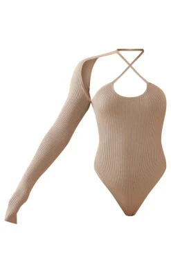 PrettyLittleThing Knitted Tops*One Sleeve Asymmetric Rib Knitted Bodysuit