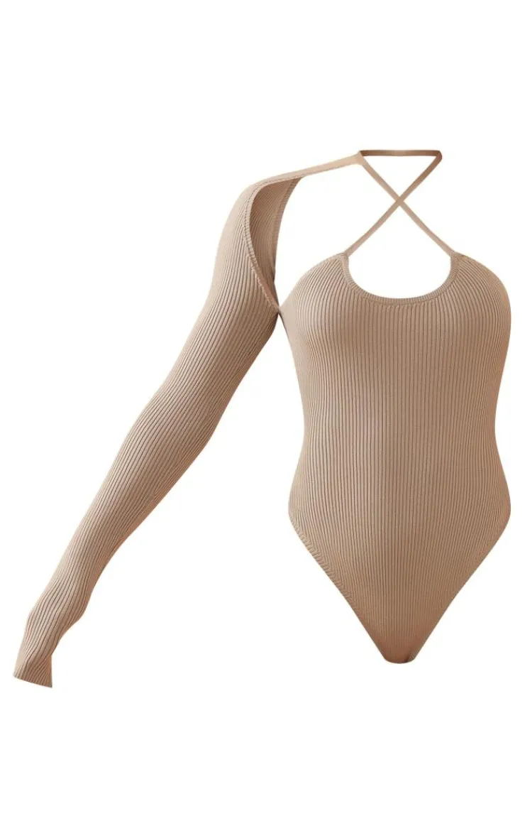 PrettyLittleThing Knitted Tops*One Sleeve Asymmetric Rib Knitted Bodysuit