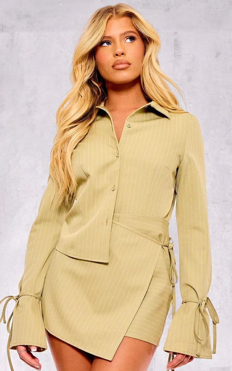 Sale PrettyLittleThing Olive Pinstripe Woven Tailored Wrap Over Skirt Olive.