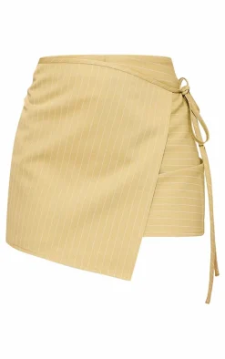 Sale PrettyLittleThing Olive Pinstripe Woven Tailored Wrap Over Skirt Olive.