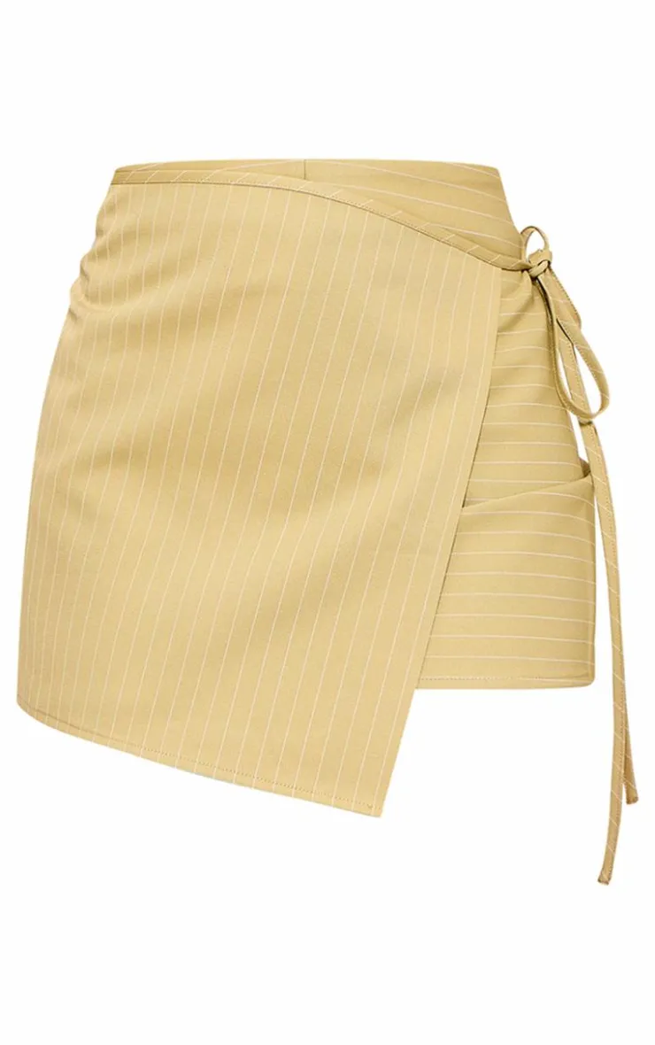 Sale PrettyLittleThing Olive Pinstripe Woven Tailored Wrap Over Skirt Olive.