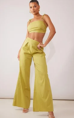 Best PrettyLittleThing Pleated Waistband Extreme Wide Leg Pants Olive