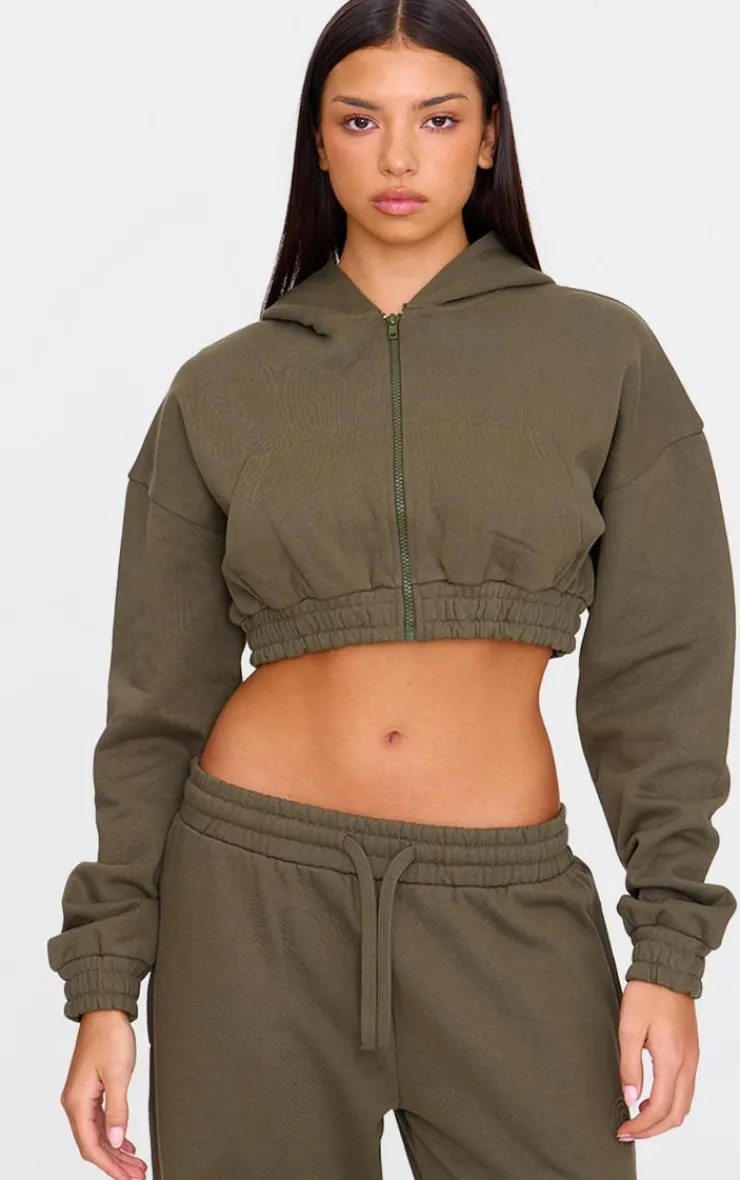 PrettyLittleThing Premium Cropped Waistband Detail Sweat Hoodie Olive