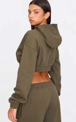 PrettyLittleThing Premium Cropped Waistband Detail Sweat Hoodie Olive