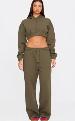 PrettyLittleThing Premium Cropped Waistband Detail Sweat Hoodie Olive