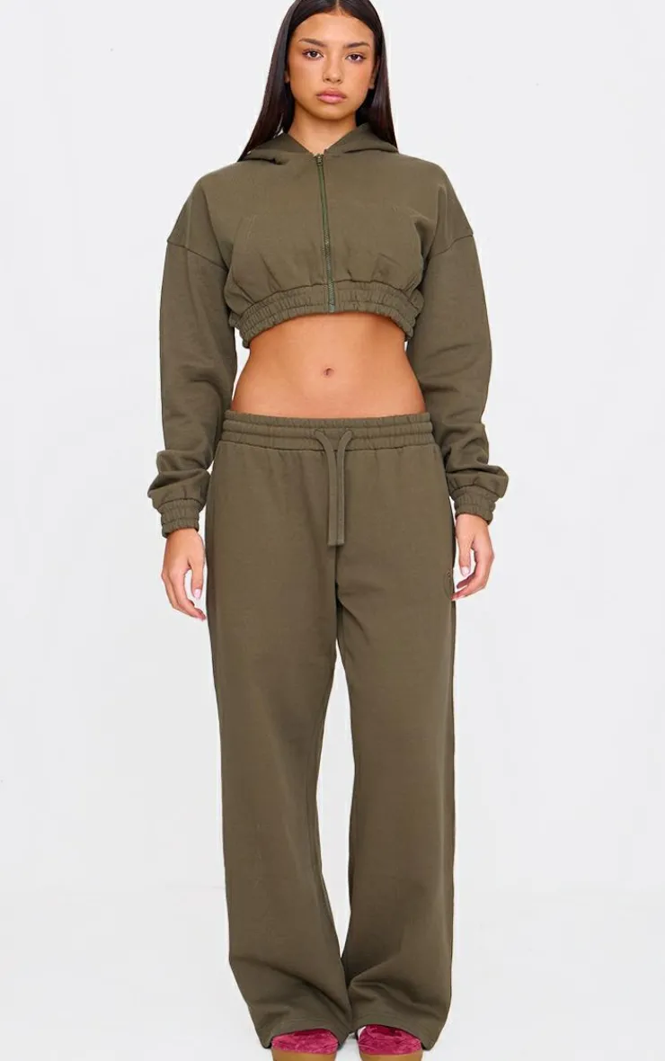 PrettyLittleThing Premium Cropped Waistband Detail Sweat Hoodie Olive