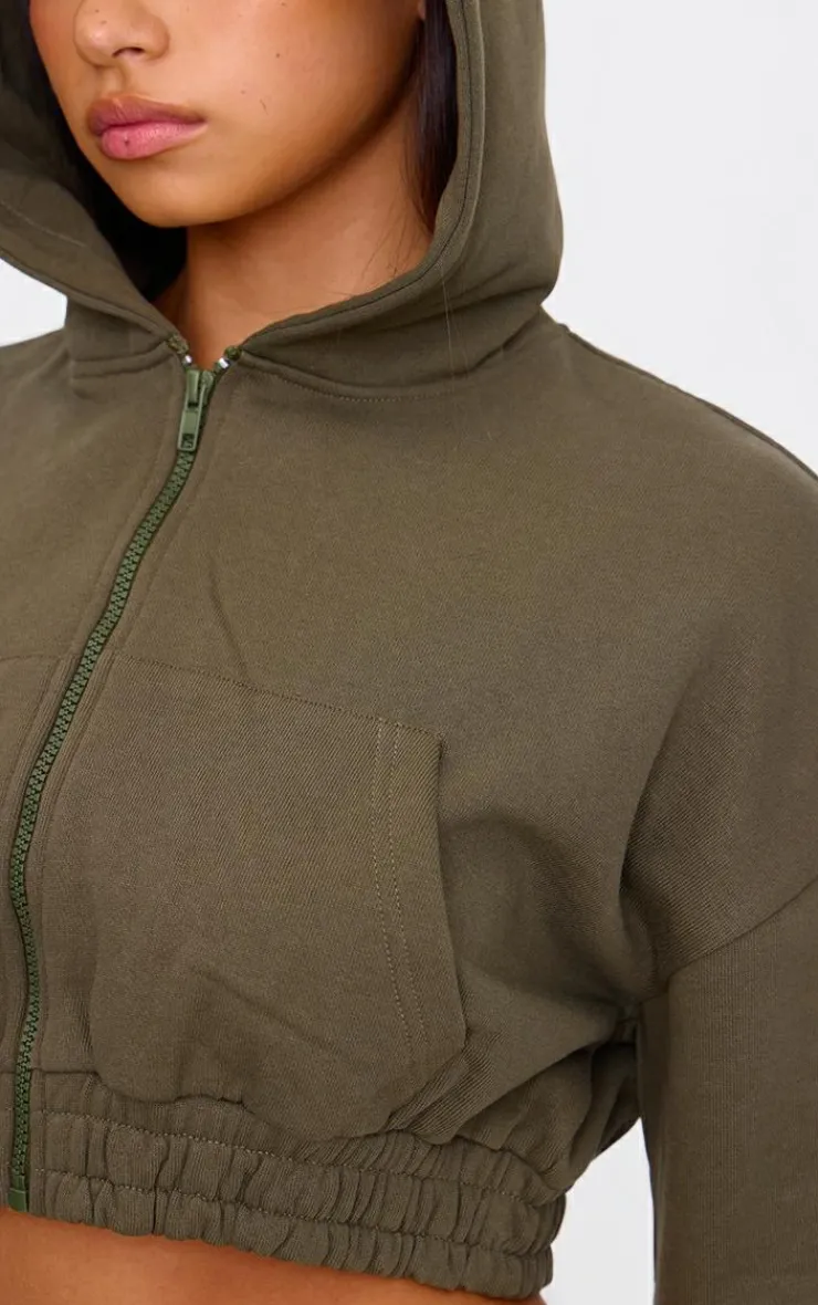 PrettyLittleThing Premium Cropped Waistband Detail Sweat Hoodie Olive