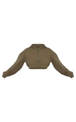 PrettyLittleThing Premium Cropped Waistband Detail Sweat Hoodie Olive
