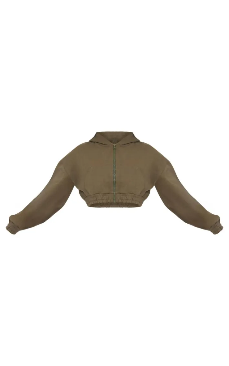PrettyLittleThing Premium Cropped Waistband Detail Sweat Hoodie Olive