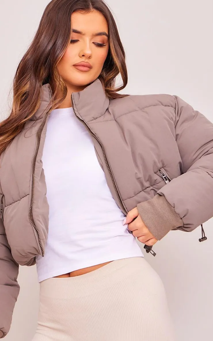 PrettyLittleThing Puffer Jackets*Ribbed Cuff Peach Skin Cropped Puffer Jacket