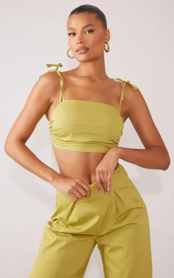 Discount PrettyLittleThing Ruched Tie Strap Crop Top Olive